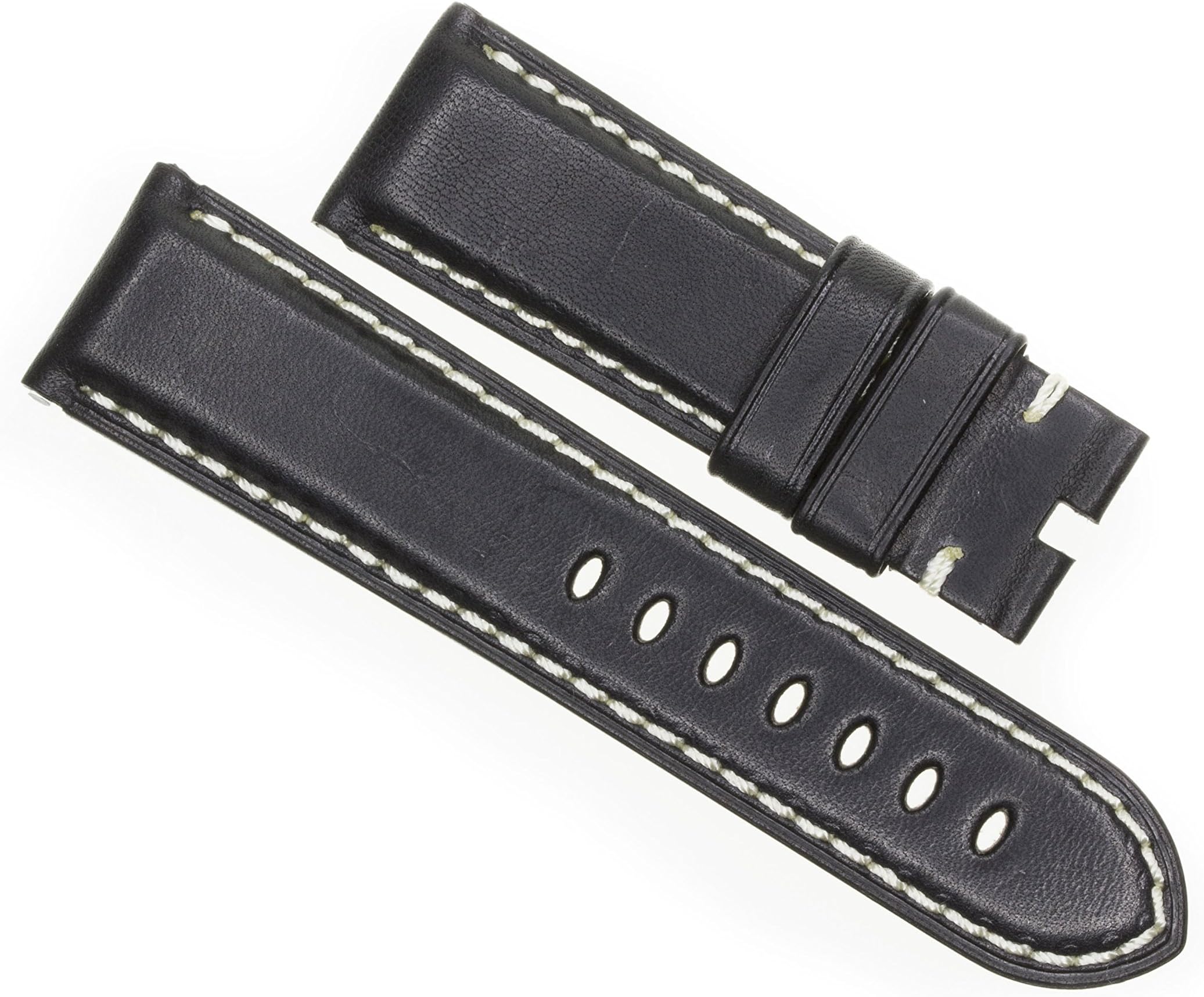 22mm Cow Leather Strap Black Deployment Watch Band White Stitch for PANERAI by Vintage G