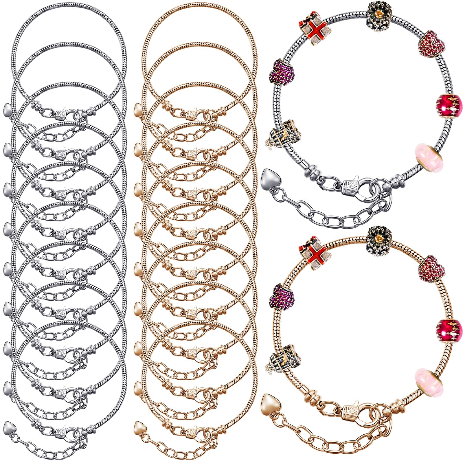 Hicarer 20 Pcs Chain Bracelet for Jewelry Making Women DIY Adjustable Snake Charm Bracelet with Heart Shape Extender Chain(Silver, Gold)