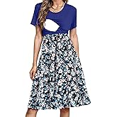 Women's Nursing Dress Summer Short Sleeve Patchwork Pregnancy Clothes with Pockets
