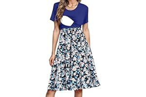 PARNIXS Women's Nursing Dress Summer Short Sleeve Patchwork Pregnancy Clothes with Pockets