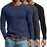 August Alley 3 Pack Men's Ribbed Thermal Long Sleeve Shirts 90% Cotton Crew Neck Pullover Tops Slim Fit Winter Undershirts