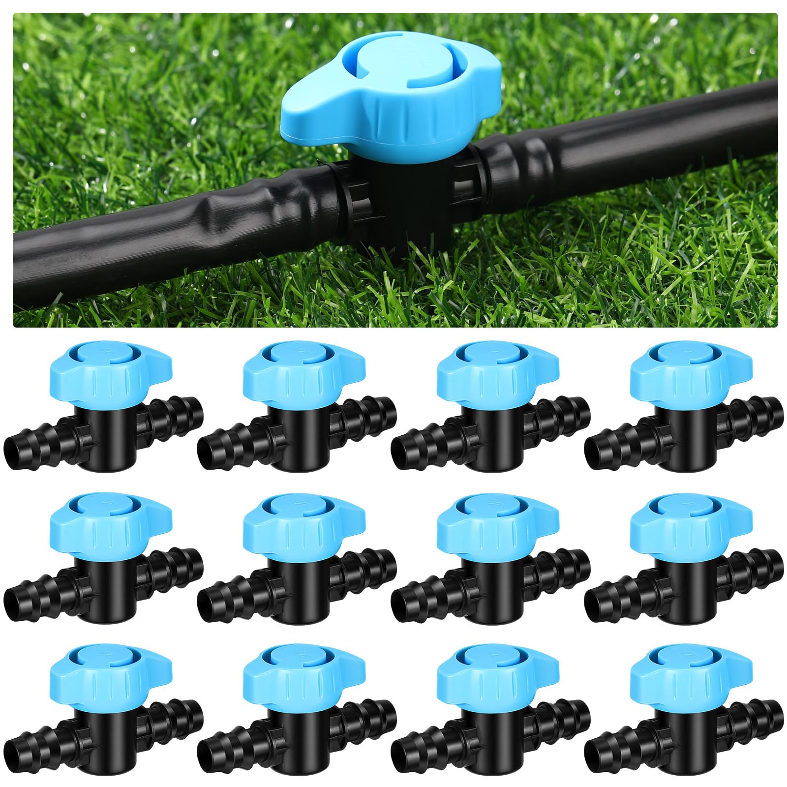 Photo 1 of Briwooody 12 Pack 1/2 Inch Drip Irrigation Barbed Valve Fittings Ball Shut off Sprinkler Valve 16 mm for 1/2 in and 5/8 in Drip Irrigation Tubing(570-620" ID) Barbed Switch Valves for Garden Sprinkler