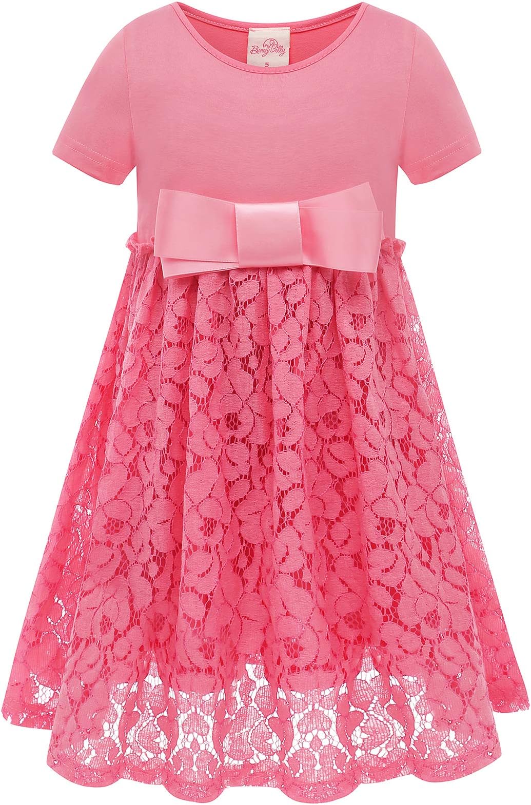 Children Clothes Girls Lace Flower Bowknot Jersey Cotton Dresses with Sleeves