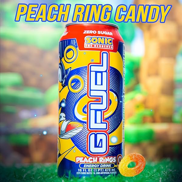 G FUEL ENERGY DRINK, PEACH RING CANDY, SUGAR FREE BEVERAGE WITH 300MG CAFFEINE, DAILY ENERGY BOOST WITH FOCUS AMINO, VITAMIN + ANTIOXIDANTS, 16 OZ CANS (SONIC, 12-PACK)