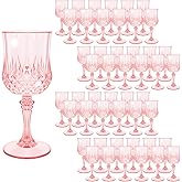 48 Pack Light Pink Plastic Wine Glasses, 7.5oz Vintage Plastic Goblets, Reusable Retro Embossed Water Glasses, Durable and Sturdy Wine Glass for Wedding Reception Grand Event Party Bar Juice Supplies