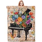 VANZEV Musical Floral Piano Throw Blanket Gifts for Music Lovers Women, Artistic Music Notes Blankets for Living Room Home Decor, Cozy Flannel Piano Plush Throws 50"x60"