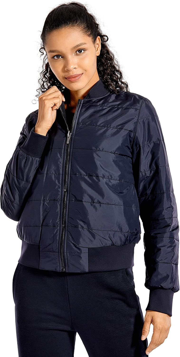 CRZ YOGA Women's Winter Flight Bomber Jackets Workout Full Zip Lightweight Warm Outerwear with Pockets: Clothing