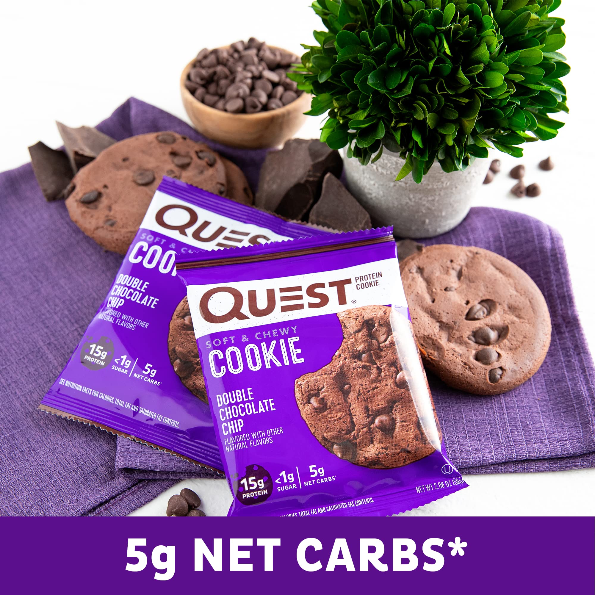 Quest Nutrition Double Chocolate Chip Protein Cookie, 15g Protein, 1g Sugar, 3g Net Carbs, Keto Friendly, High Protein, Low Carb; 4 Count