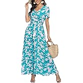 Women's Floral Maxi Dresses Casual Long Summer Boho Beach Dress Short Sleeve Button Up Split Party Dress