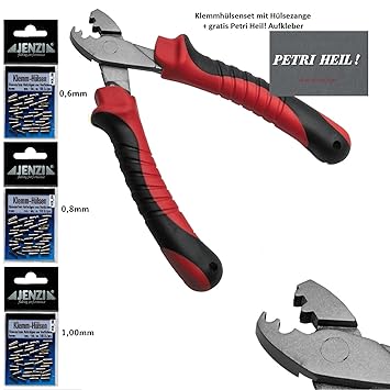 Praktisches Klemmhülsen Set mit Hülsenzange und ca 300 Quetschhülsen (3 Größen: 0,6mm, 0,8mm & 1,0 mm) + gratis Petri Heil! A