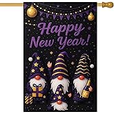 HOMETITUTE Happy New Year House Flag 28x40 Inch Double Sided Garden Flag Purple Gnomes Champagne and Gift Design Winter Holiday Yard Banner Large Outdoor Polyester Flag for Porch Lawn Home Decoration