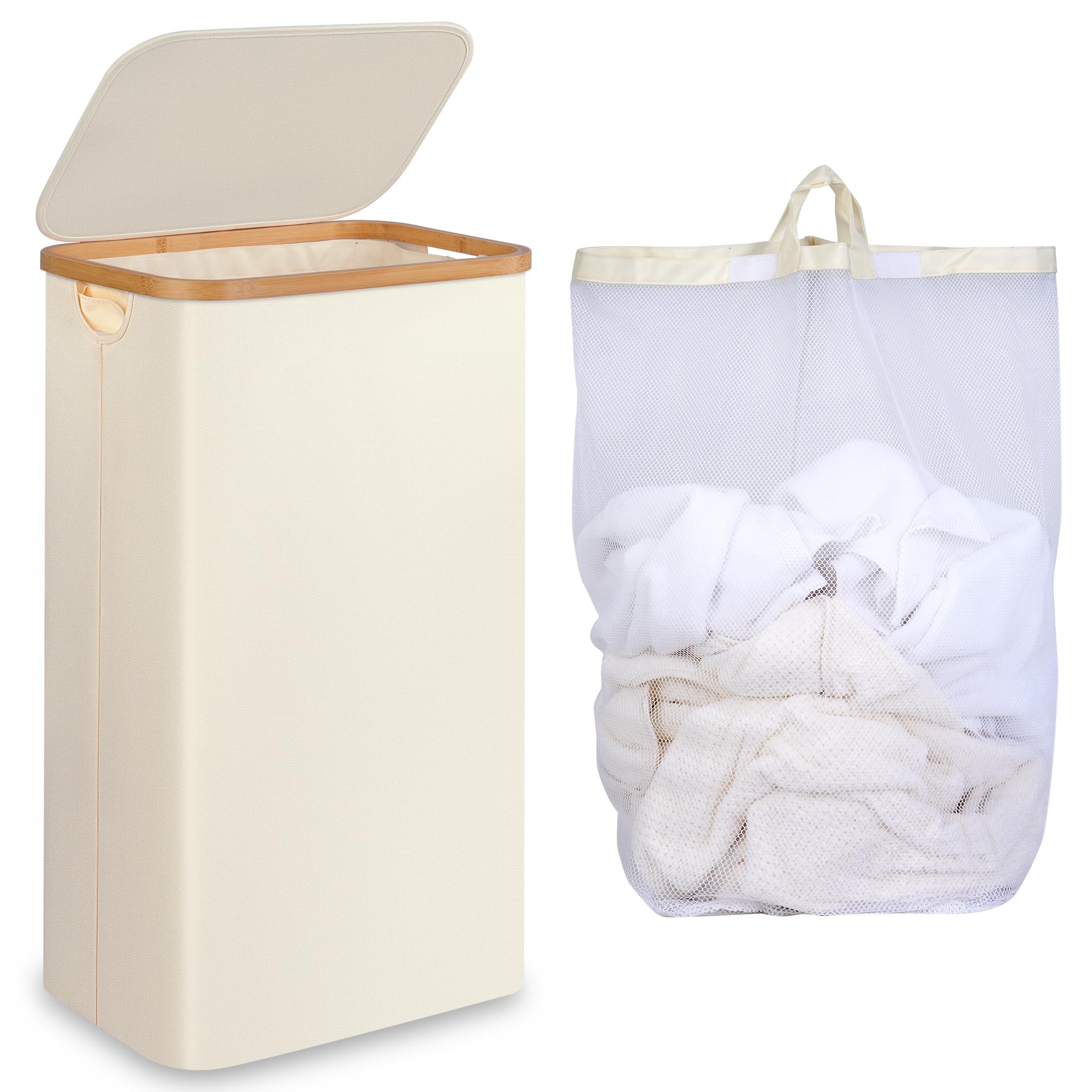 Photo 1 of iEGrow 75L Slim Laundry Hamper, Narrow Laundry Basket with Lid,Foldable Clothes Hamper with Bamboo Handles,Hamper Basket with Removable Inner Bag for Laundry Room Bedroom College Dorm,19.8 Gals BeigeLPNPMEQ1192523
