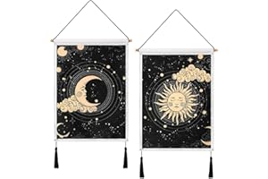 SOMYTING Pack of 2 Sun and Moon Tapestry Moon and Star Tapestry Clouds Tapestries Aesthetic Psychedelic Tapestry Black Tassel