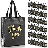 Fumete 50 Pcs Glossy Thank You Gift Bag with Handles 8 x 4 x 10 Inch Non Woven Reusable Gift Bags with Glossy Finish for Wedding Birthday Partys Engagements Anniversaries Holiday(Black)