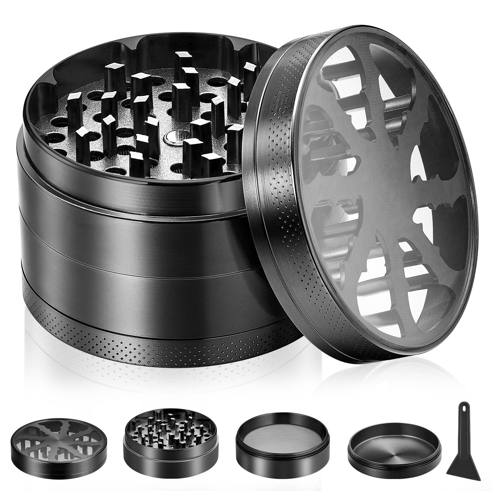 Anpro Herb Grinder Premium Zinc Alloy - 4 Layers Portable Herbal Grinder with Transparent Magnetic Top Cover, Mesh Screen, Pollen Scraper -Black, 63 mm / 2.5 in