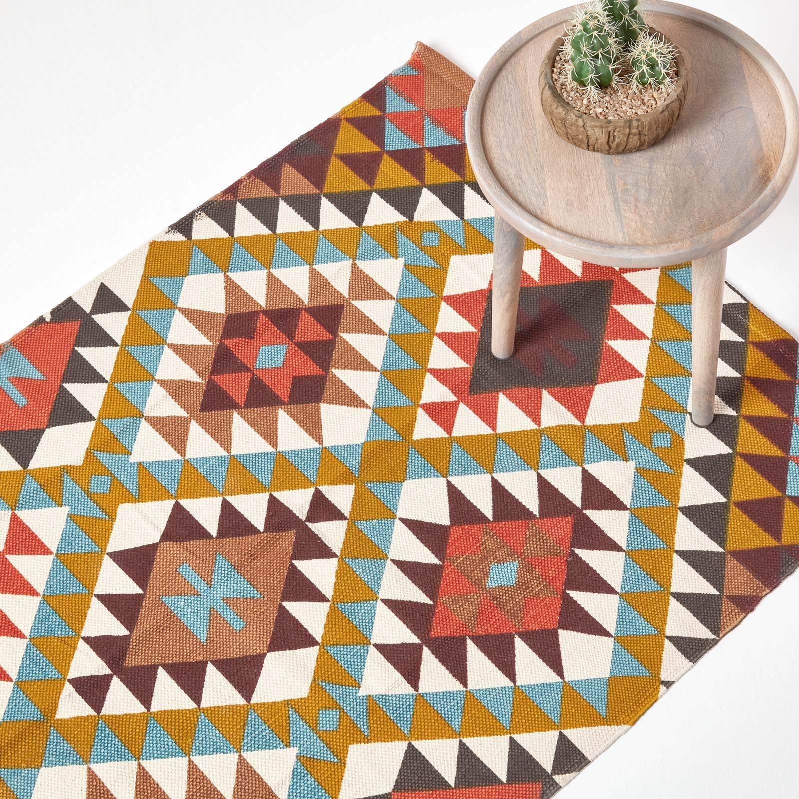 HOMESCAPES Geometric Style Printed Rug 'Oslo' Orange, Yellow, Brown & Cream 100% Cotton Rug, 120 x 170 cm