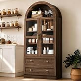 Fkhouse 71" Tall Arched Kitchen Pantry Cabinet, Modern Farmhouse Kitchen Storage Cabinet with 2 Large Drawers &amp; Acrylic Doors, Freestanding Versatile Cupboard for Living Room, Dining Room, Brown