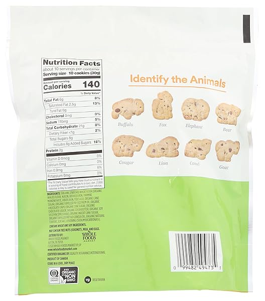365 BY WHOLE FOODS MARKET, ORGANIC CHOCOLATE CHIP ANIMAL COOKIES, 11 OUNCE