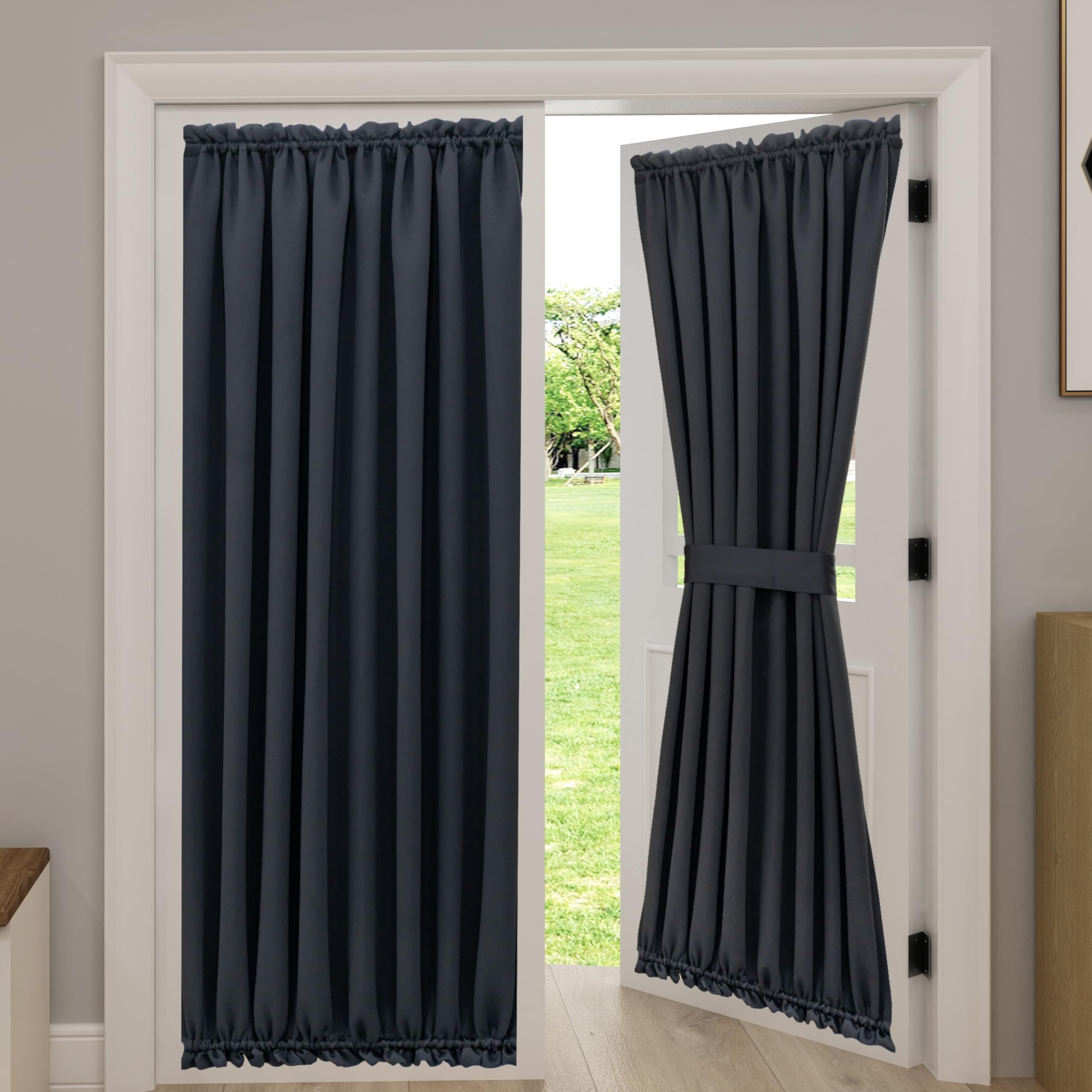 Aquazolax Sliding Glass Door Curtain Panels - Functional Thermal Insulated Blackout Curtains Drapes 54x72 Inch Solid Kitchen Door Window Panel Coverings, 1 Piece, Black