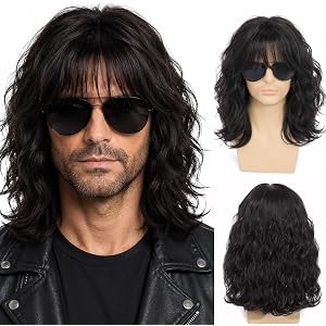 DARLIN HAIR Long Hair Wig for Men – Realistic Synthetic Curly Wavy Dark Brown 70s 80s Rocker Hair for Cosplay, Halloween, Par