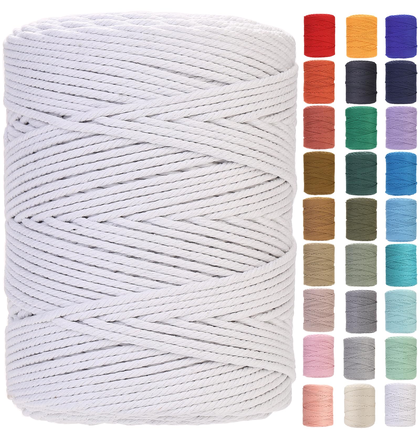 GOHOF Macrame Cord 4mm x 310m Premium Cotton Macrame Rope, 4 Strand Twisted Soft Cotton Cord, One of The Most Perfect Materials for Macrame Art, Cotton String Without Chemicals (White), 4MM ×310M