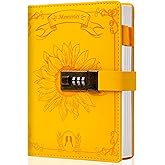 Lock Diary for Women Vintage Lock Journal Refillable Personal Locking Diary Girls Leather Locked Journal Writing Notebook B6 Secret Journal with Combination Passwords 5.5 x 7.8 in, Sunflower Yellow