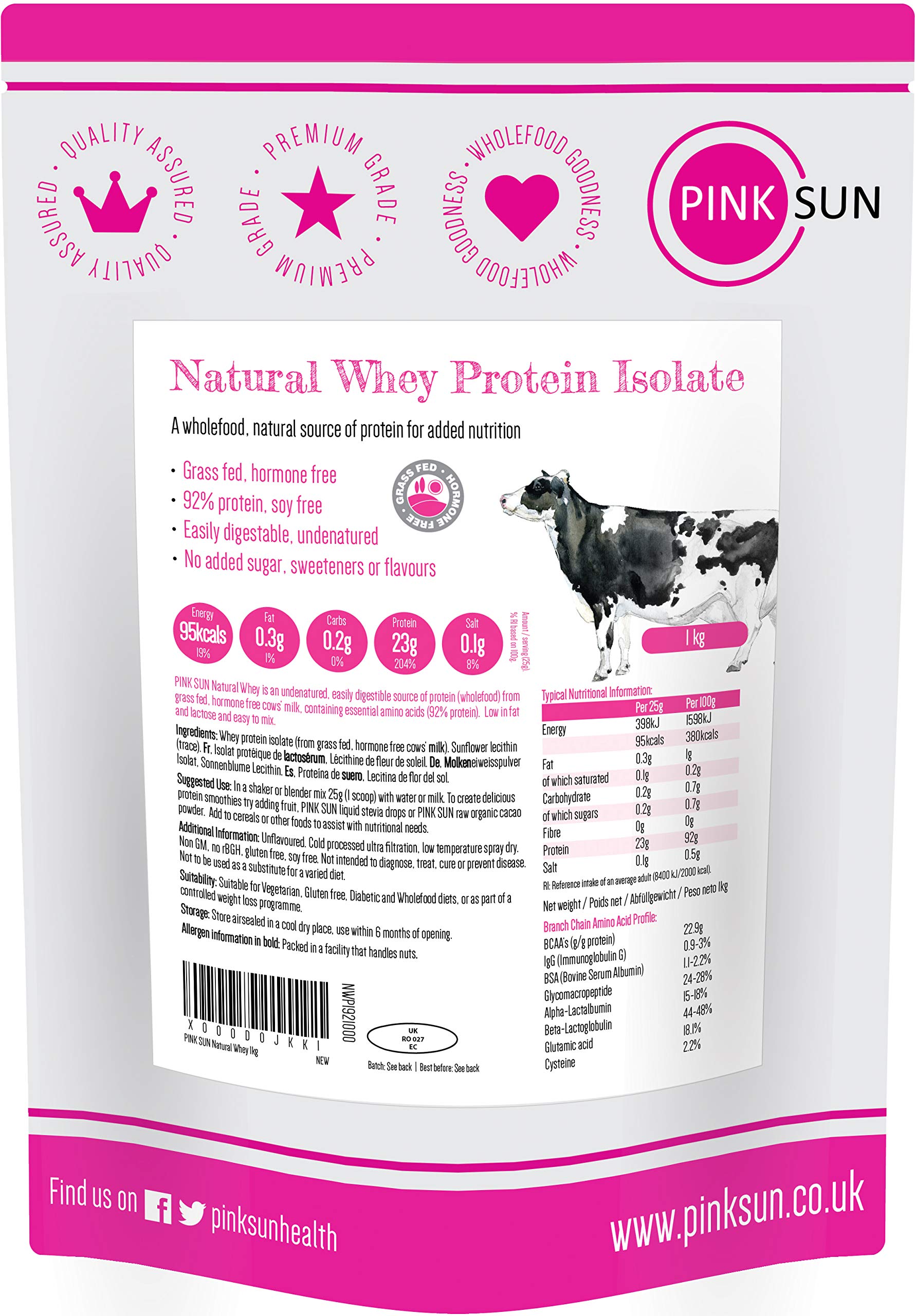 PINK SUN Whey Protein Isolate Powder Unflavoured 1kg (92% Protein) Soy Free Grass Fed Gluten Free No Additives Vegetarian Undenatured Non GM Unsweetened Natural Whey UK 1000g