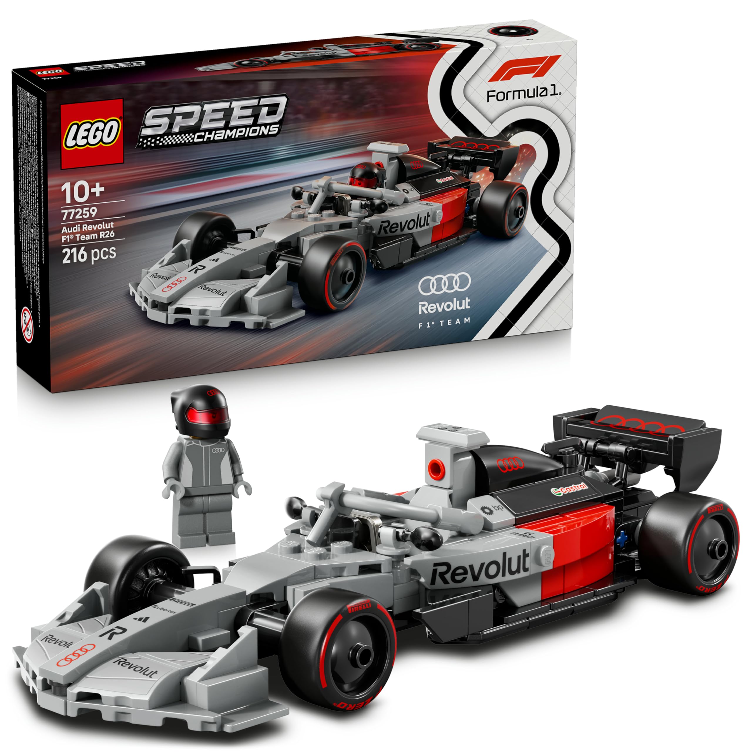 LEGO Speed Champions Audi Revolut F1 Team R26 Rennwagen Spielzeug - Modellbauset mit sammelbarer Rennfahrer Minifigur - Geburtstagsgeschenk für Jungen ab 10 Jahren & jugendliche Motorsportfans - 77259