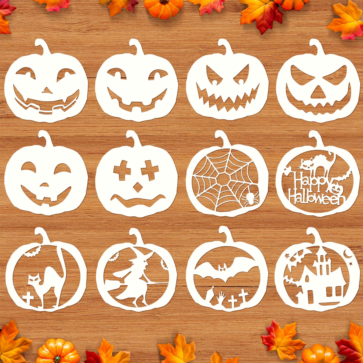 Mocoosy 12 Pcs Halloween Stencils, 8 Inch Large Pumpkin Carving Stencils Reusable Plastic Pumpkin Templates Halloween Drawing Stencil for Painting on Wood DIY Pumpkins Crafts Wall Fabric Window Decor