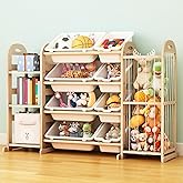 Wooden Toy Storage Organizer, Toy Organizers & Storage with Stuffed Animal Storage, Toy Storage Shelf with 3 Shelves, 8 Storage Bins, Kids Bookshelf, Toy Holder for Toddler Rooms, Playrooms, Bedrooms