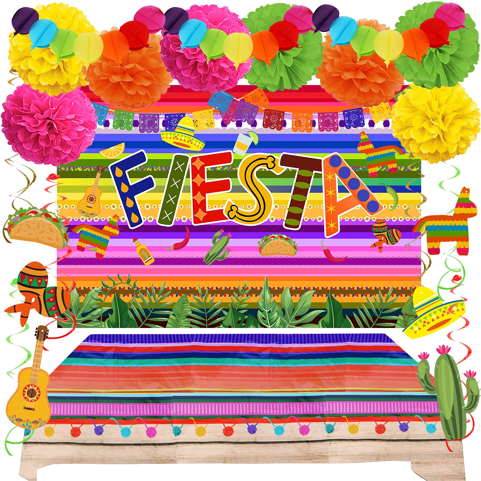 ZERODECO Party Decorations - Mexican Theme Party Backdrop, Plastic Table Cover, Multicolor Paper Pompoms, Festival Theme Swirls for Fiesta Mexicana Cinco De Mayo Luau Event Birthday Party Supplies