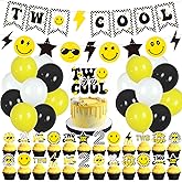 Two Cool 2nd Birthday Party Decorations for Boys - Black Yellow Lightning Star Smiley Face Checkered Banner Balloons Cake Cupcake Toppers, Perfect for Two Year Old Happy Dude's Birthday Decorations