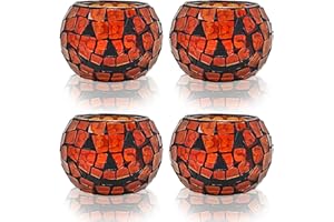 SHMILMH Halloween Candles Holder Set of 4, Grimace Tealight Holders, Handmade Mosaic Pumpkin Glass Votive Candle Holders for Halloween Table Centerpiece Home Decor