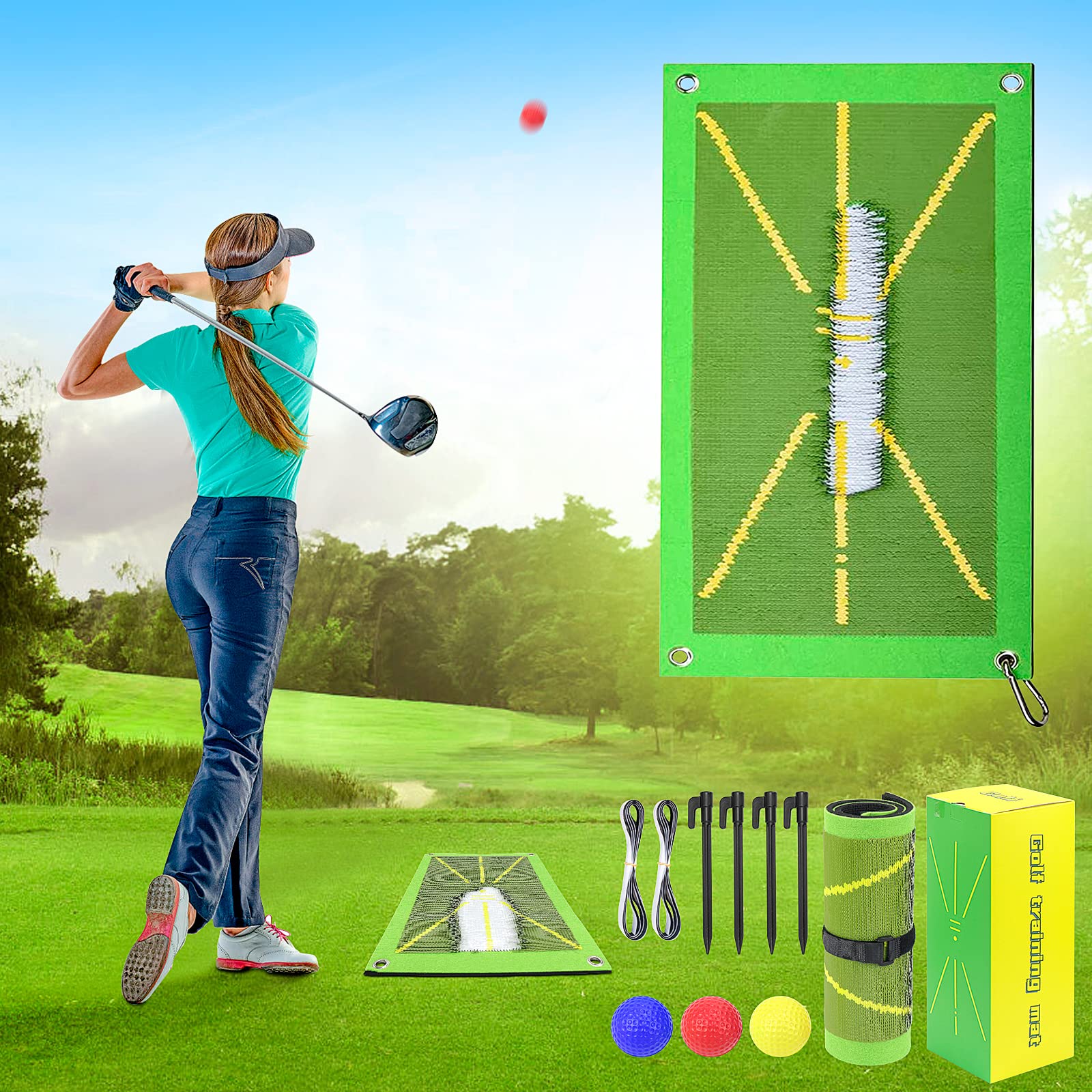 Golf Training Mat Swing Detection, Homgaty Golf Swing Training Mat, 2023 New Golf Divot Mat Analysis Swing Path and Correct Hitting Posture Golf Practice Swing Mat Accessories Beginner, green, 10