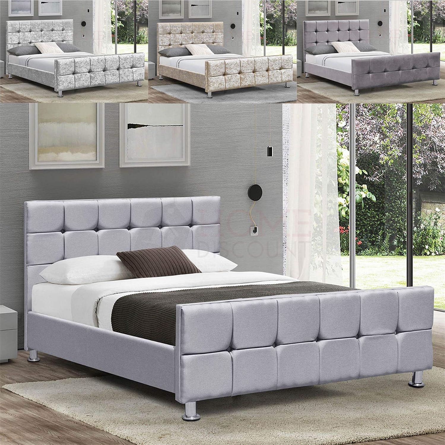 Vida Designs Valentina King Size Bed, 5 Ft Bed Frame Upholstered Fabric Headboard Bedroom Furniture, Crushed Velvet Silver