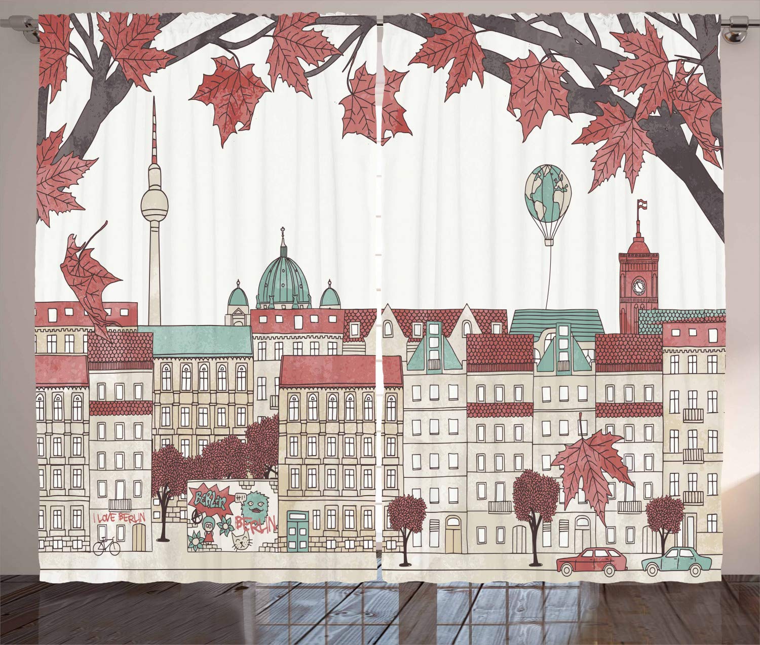 ABAKUHAUS German Curtains, Autumn in Berlin Colorful Hand Drawn Illustration of the Capital City of Germany, Living Room Bedroom Window Drapes 2 Panel Set, 280 x 175 cm, Salmon Grey