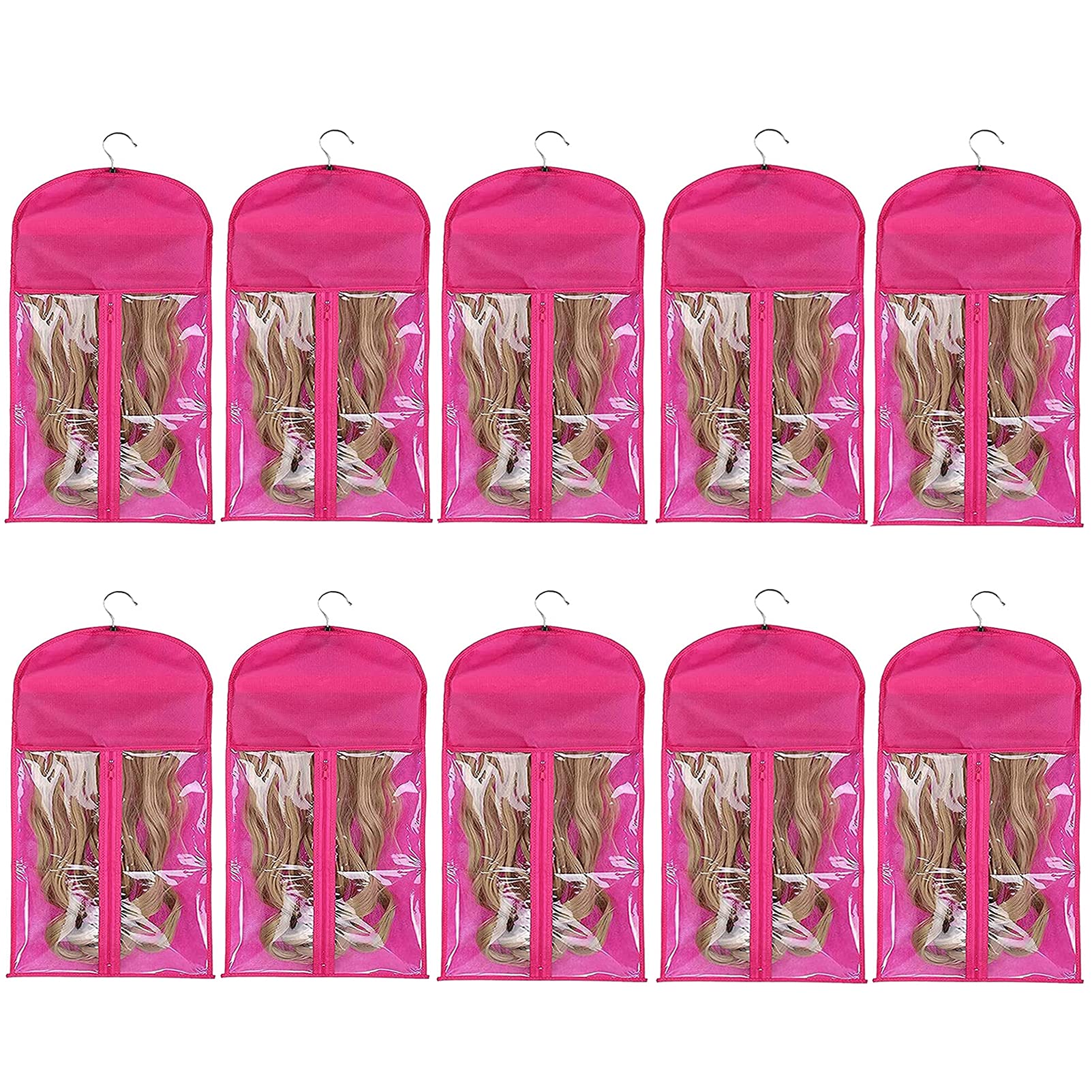 Portable Wig Storage Bag with Hanger, Dustproof & Practical, Hair Extensions Holder Case Organizer Protector Pouch (60x29cm, Rosered*10)