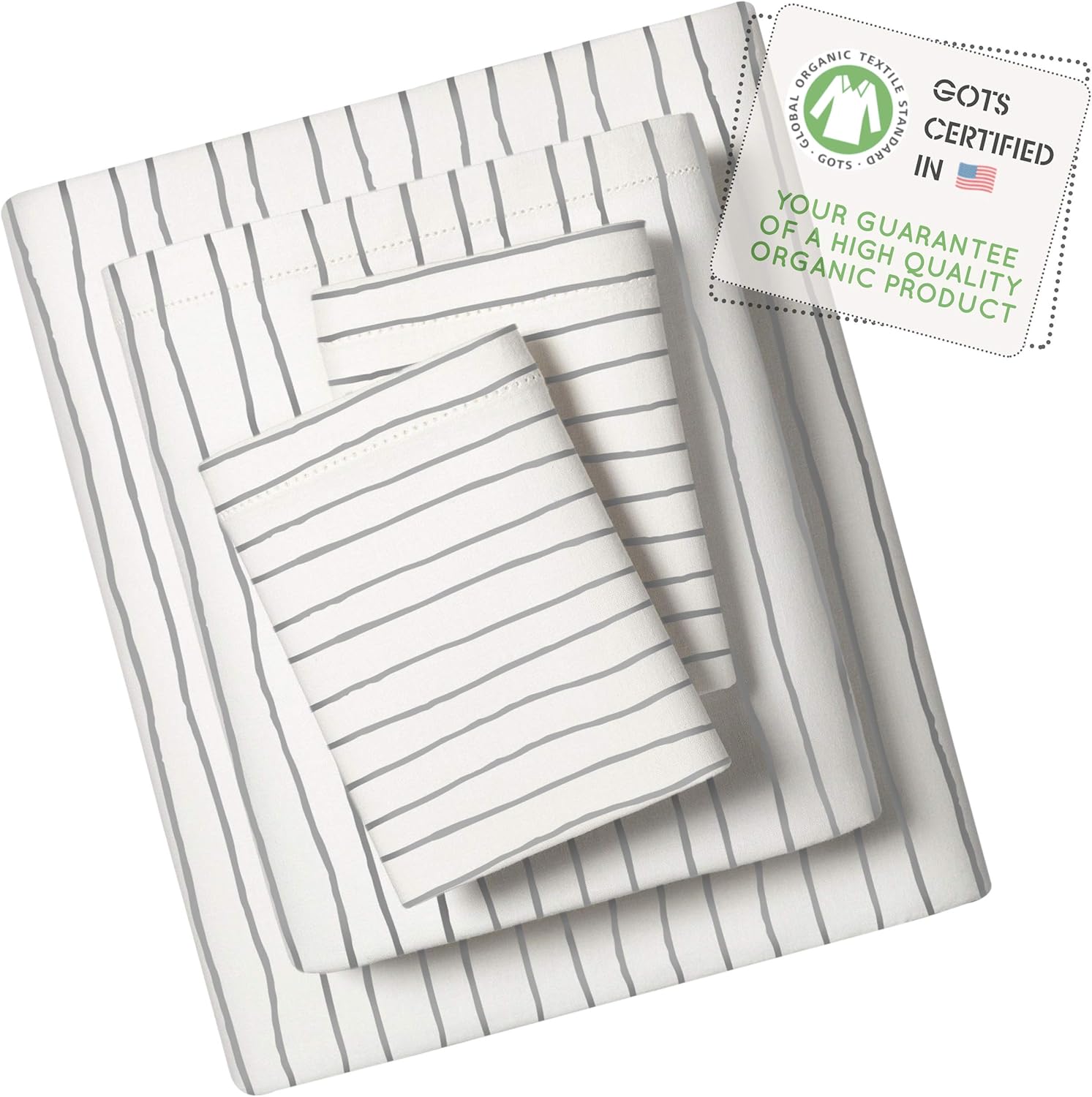 Makemake Organics Organic Sheet Set Queen (4 Piece) GOTS Certified Organic Cotton Sheets Queen Dreamy Soft Anti Allergy Non Toxic Fitted Sheet, Flat Sheet, Pillow Cases (Queen, Gray Stripes): Kitchen & Dining