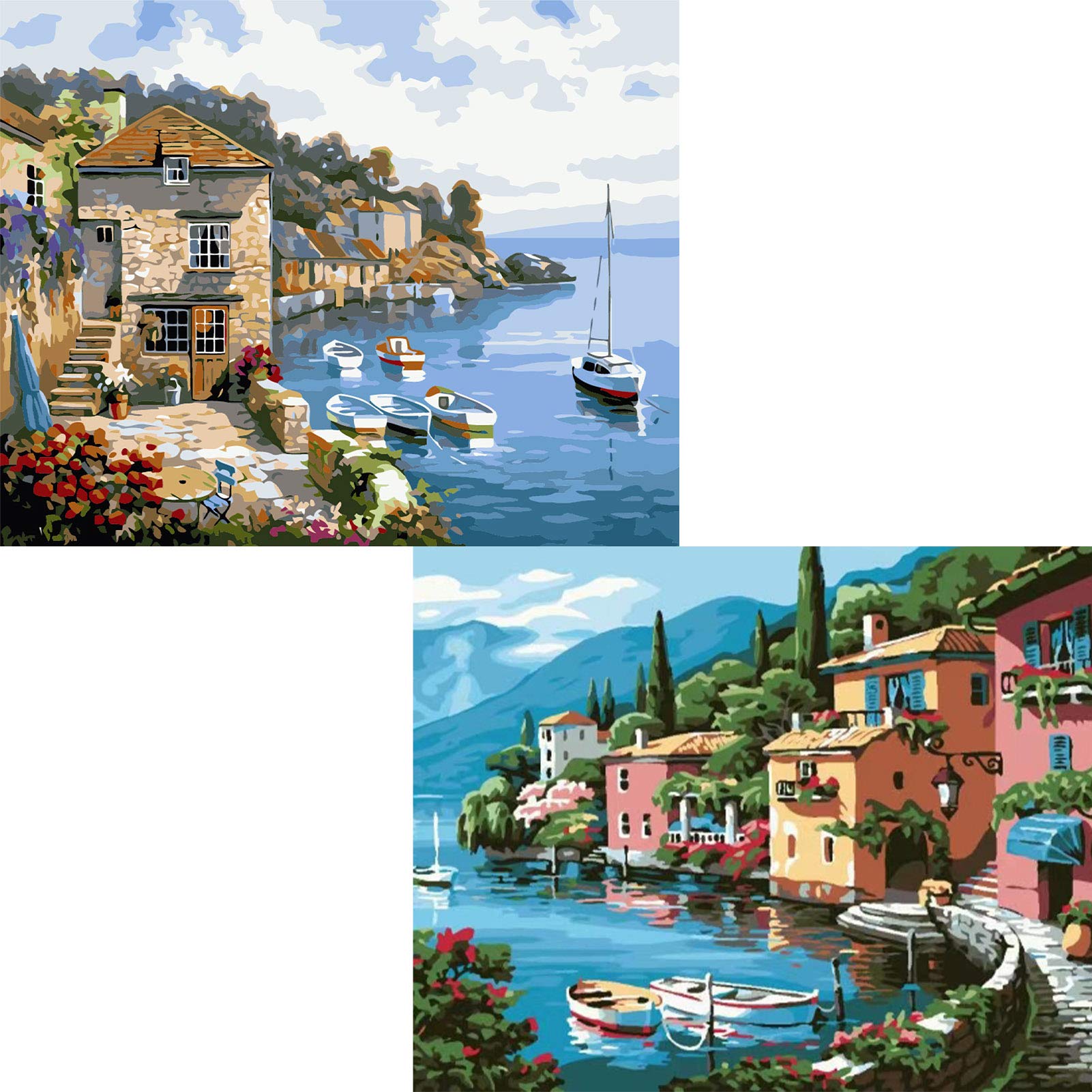 ADAKEL 2 Pieces Paint by Numbers DIY Oil Painting Kit for Kids or Beginner on Canvas with Paintbrushes and Acrylic Pigment,Sea View,16" X 20"