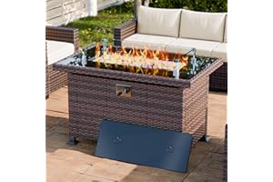 JULY'S SONG Propane Gas Fire Pit Table with Wind Guard for Outdoor, Auto-Ignition Firepits Rattan Fire Table 50,000 BTU, Gray (Brown)