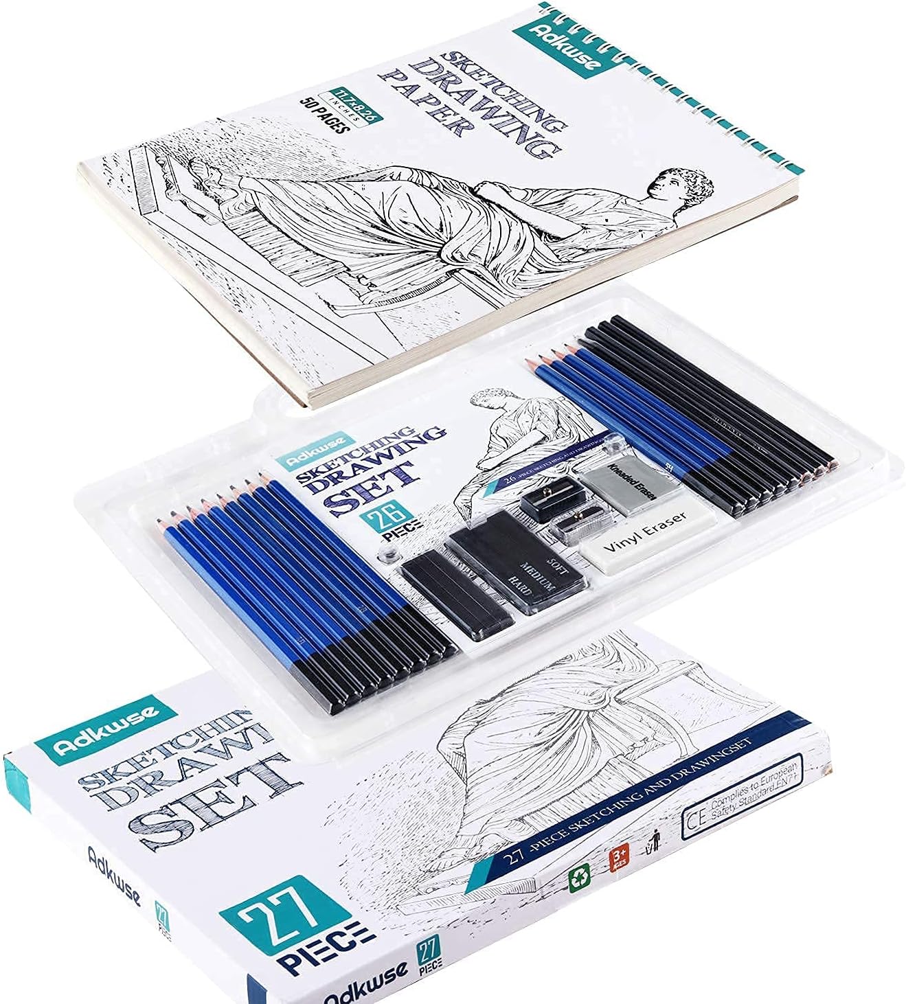 Adkwse Sketch Pencils Set, Art Supplies, Drawing Set, Graphite and Charcoal Pencils, 100 Page Drawing Pad and Kneaded Eraser, Art Kit and Supplies for Kids, Teens and Adults, Sketch Set : Office Products