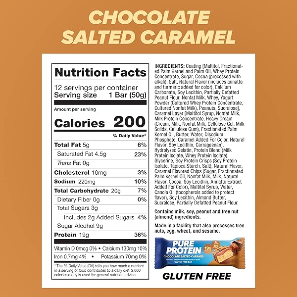PURE PROTEIN BARS, HIGH PROTEIN, NUTRITIOUS SNACKS TO SUPPORT ENERGY, LOW SUGAR, GLUTEN FREE, CHOCOLATE SALTED CARAMEL, 1.76 OZ., 12 COUNT (PACK OF 1) (PACKAGING MAY VARY)
