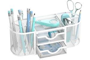 SUPEASY Mesh Desk Organizer, Desk Organizers and Accessories, Pen Holder with Drawers, Pencil Holder for Desk with 2 Drawer f