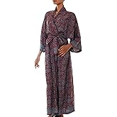 NOVICA Artisan Robe Rayon Cotton | Handcrafted Long Batik Art | Sleepwear V Neck Casual | Loungewear | Knit Bathrobe | Belted Tie Closure | Scuba Patterned | Indonesia Floral 'Morning Aster'