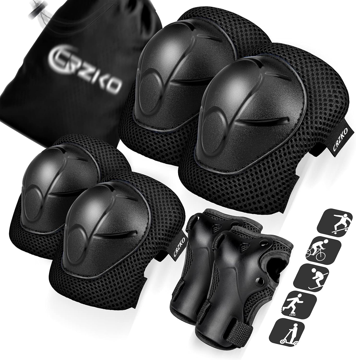 CRZKO Kids/Teenagers Protective Gear, Knee Pads and Elbow Pads 6 in 1 Set with Wrist Guard and Adjustable Strap for Rollerblading Skateboard Cycling Skating Bike Scooter : Sports & Outdoors
