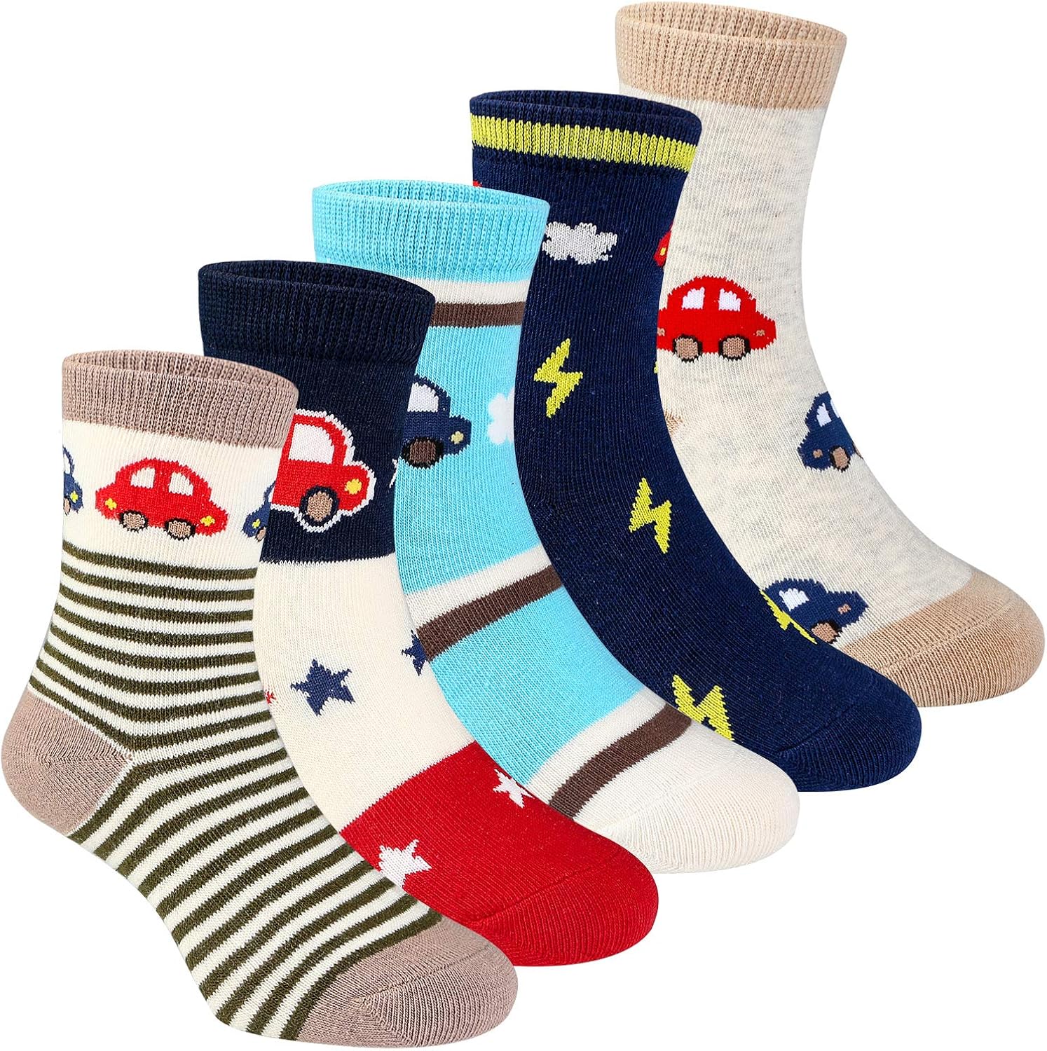 Boys Crew Socks 5 Pack Colorful Baby Toddler Striped Car Cotton Dress