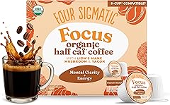 Four Sigmatic Focus Organic Half Caf Coffee Pods, 24 Count – Medium Roast Arabica with Lion’s Mane Mushroom, Half Caffeine K-