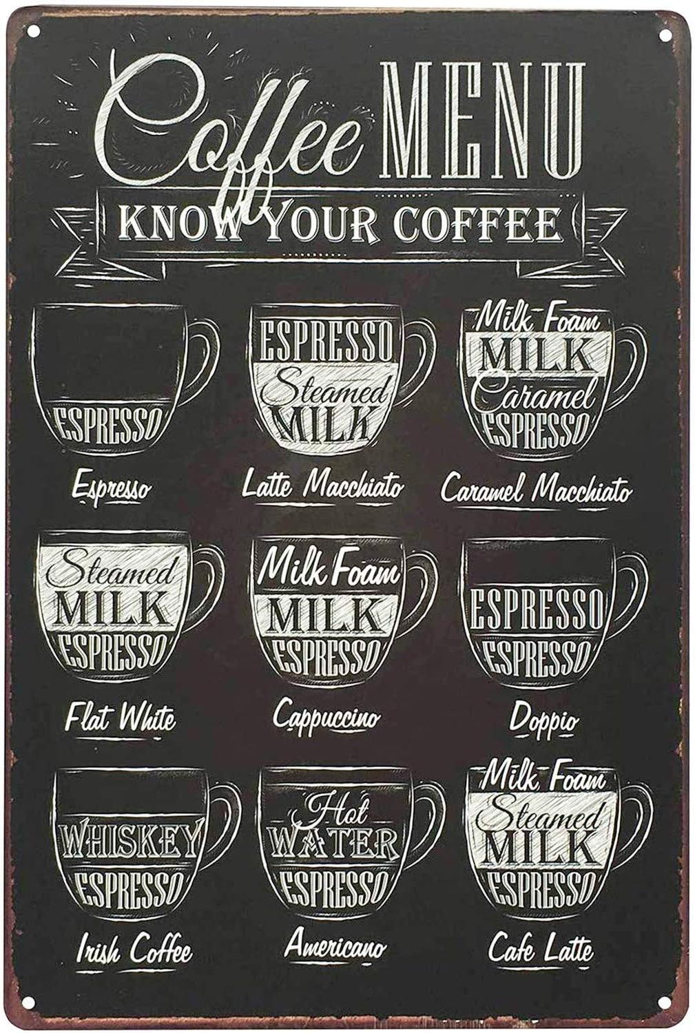 UNIQUELOVER Funny Coffee Signs, Coffee Menu Know Your Coffee Vintage Retro Metal Coffee Signs Home Decor 12 X 8 Inches