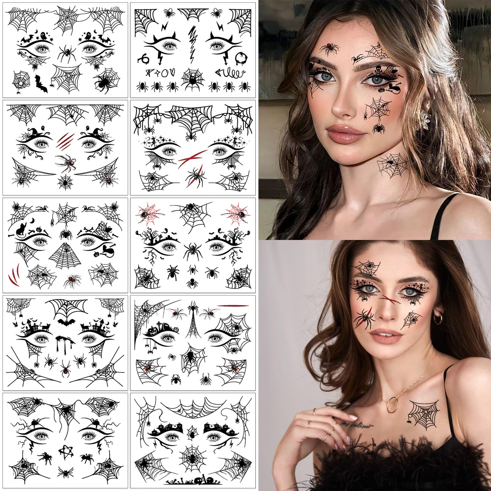 Photo 1 of 10 sheets Halloween Temporary Face Tattoo Stickers Horror Spider Bat Scar Women Adults Masquerade Party Props Body Makeup Art Decorations Accessories