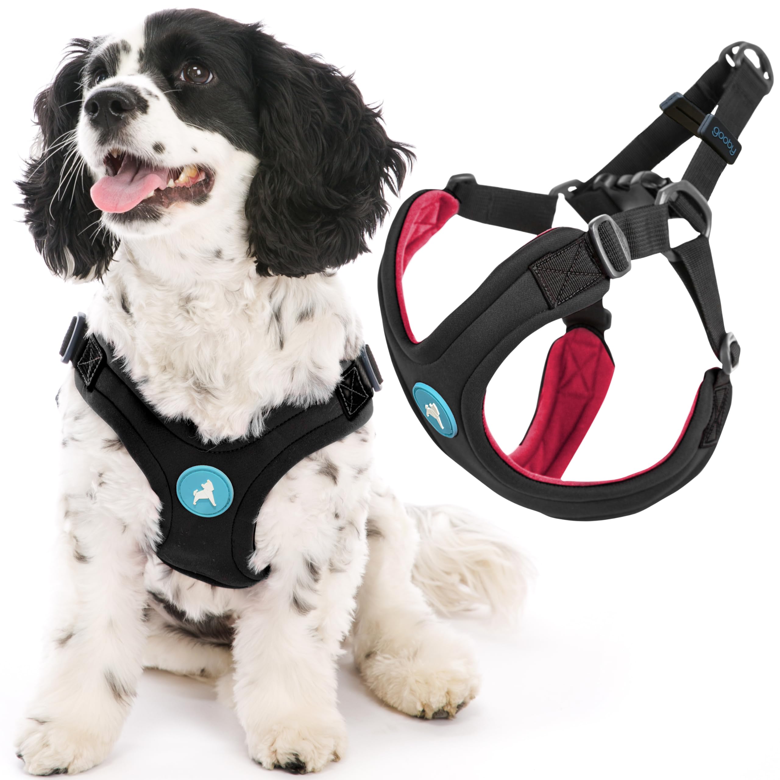 Gooby Sporty Escape Free Harness, Medium - Black, Neoprene, No-Pull, 4-Point Adjustment for Small Dogs up to 35 lbs